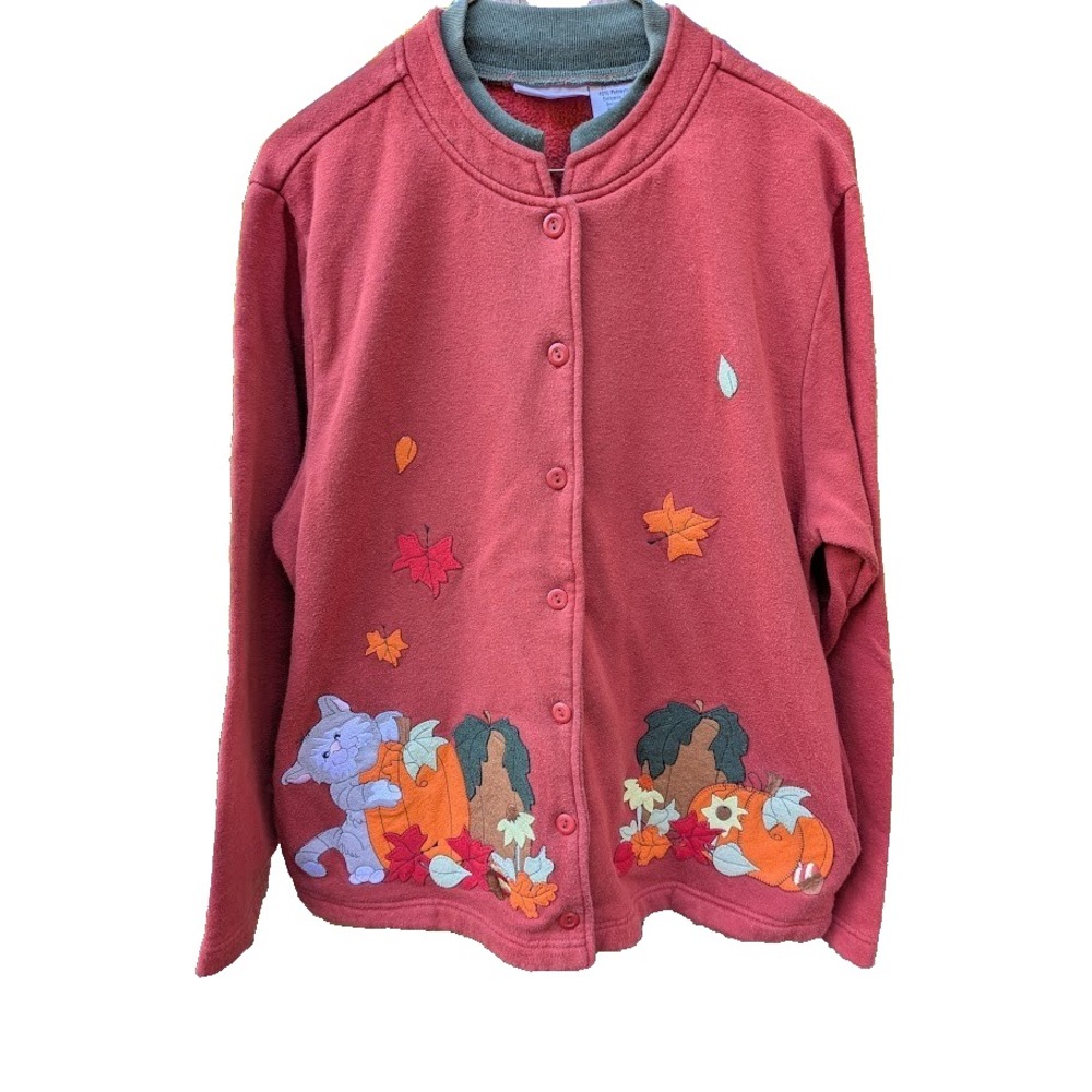 Vintage Womens Cardigan Sweater Jacket M Embroidered Cat Pumpkin Fall Autumn